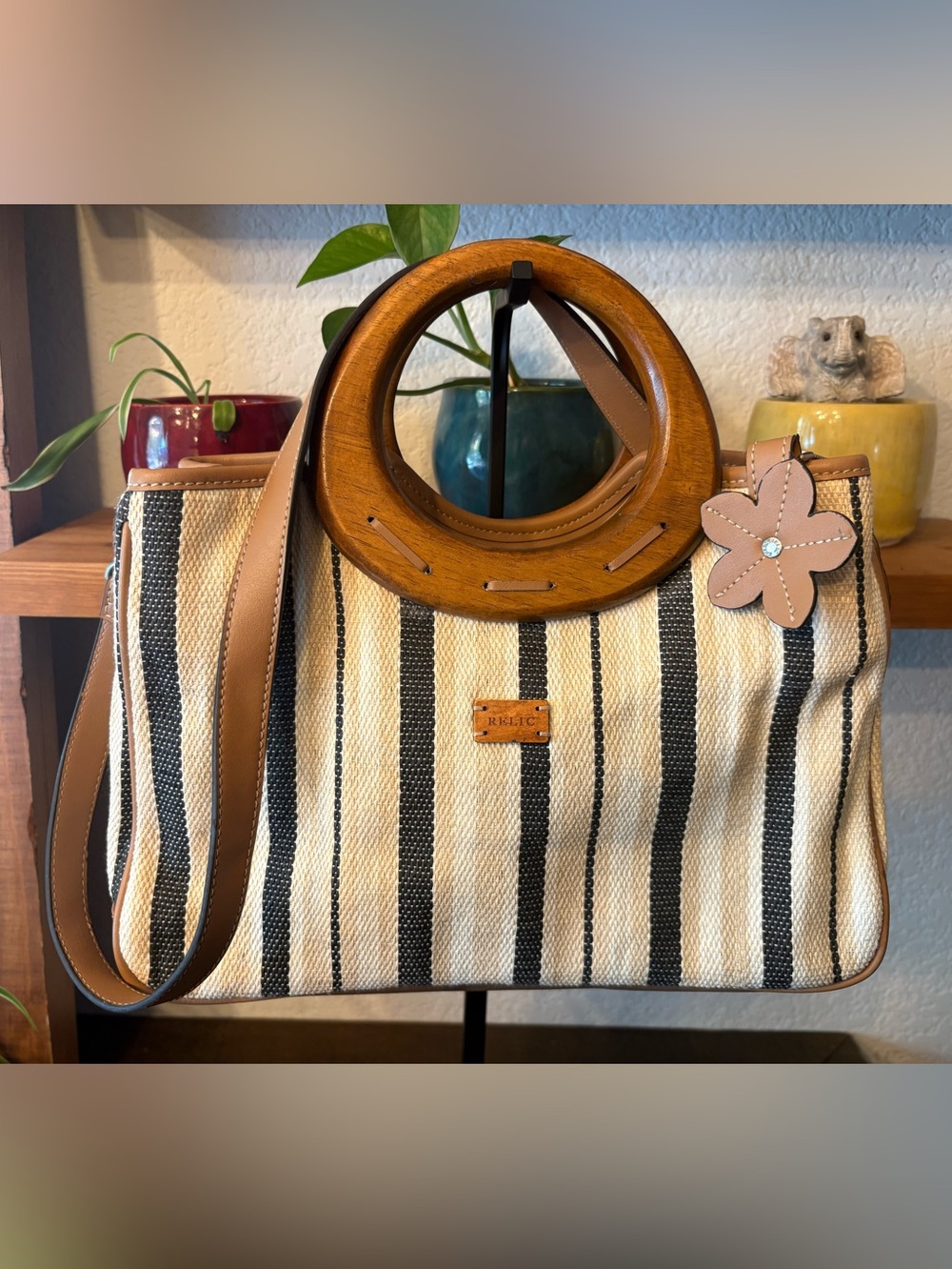 Relic Striped Satchel Handbag Wood Handles Crossbody Strap Flower Charm